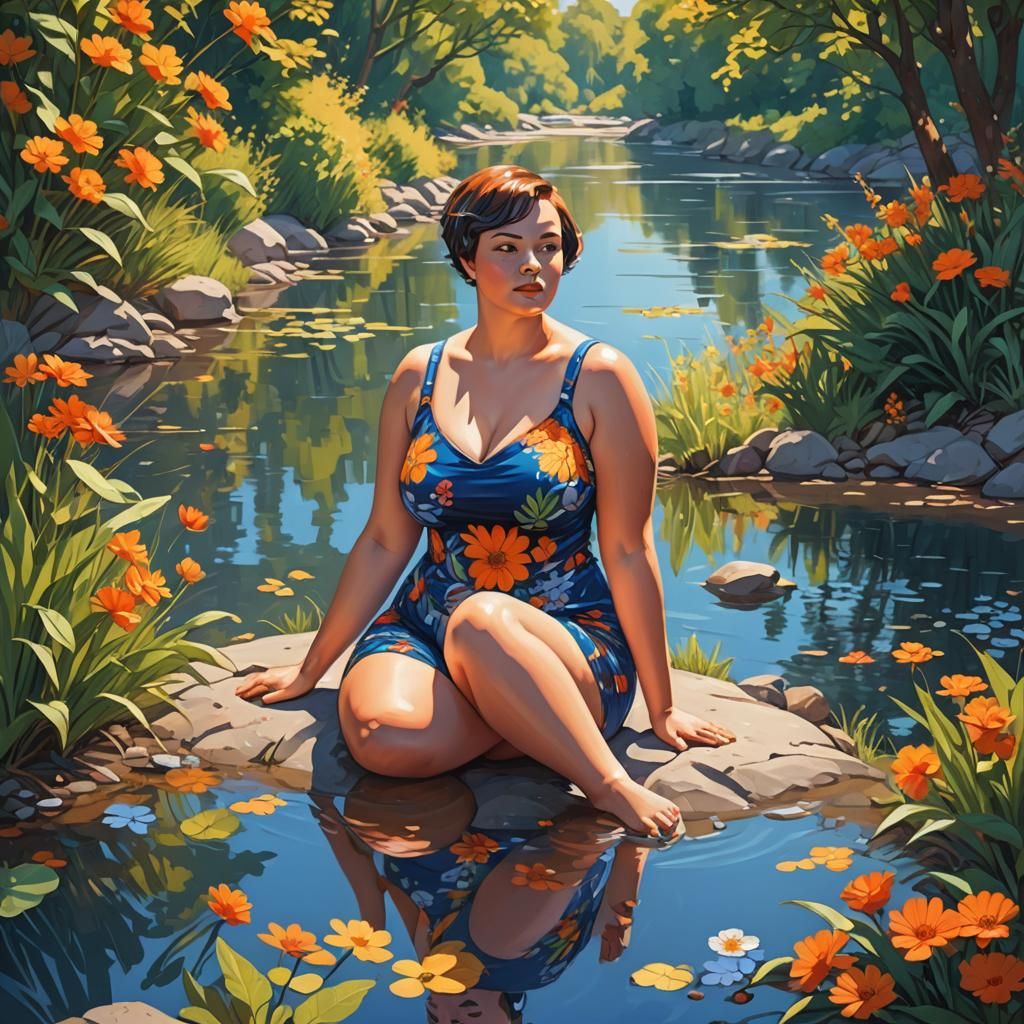 Beautiful Plus-Sized Woman Sits on Riverbank in Whimsical Ar...