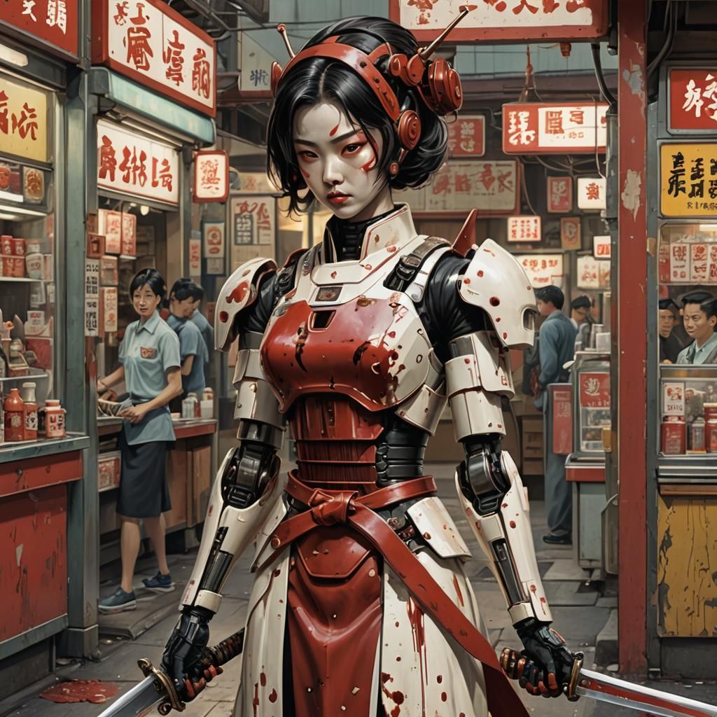 Robotic Woman with Sword in Vintage Poster Style