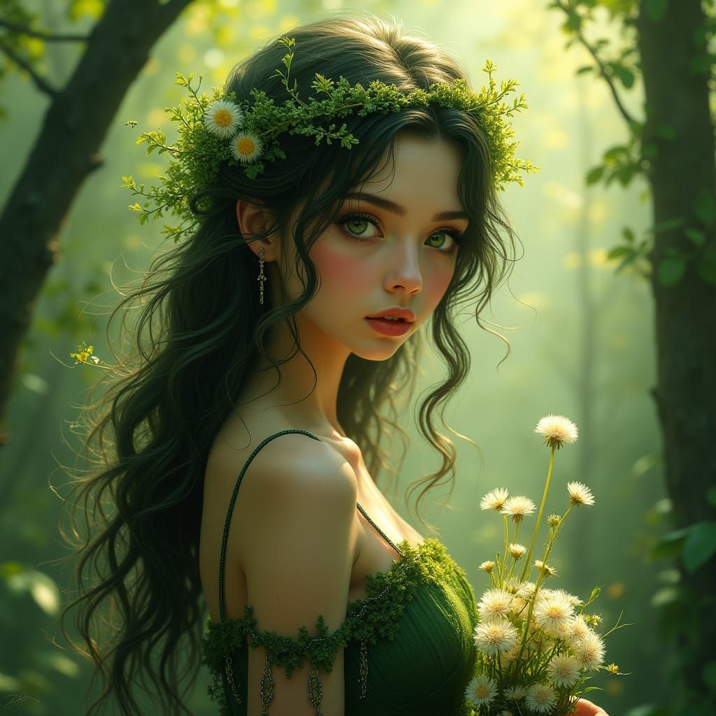 Surreal Pop Art Enchantress in Emerald Forest