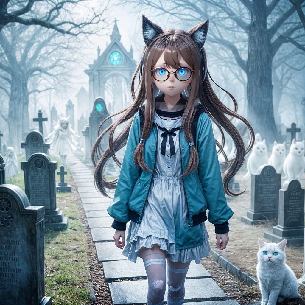 Anime Girl with Cat Features in Graveyard