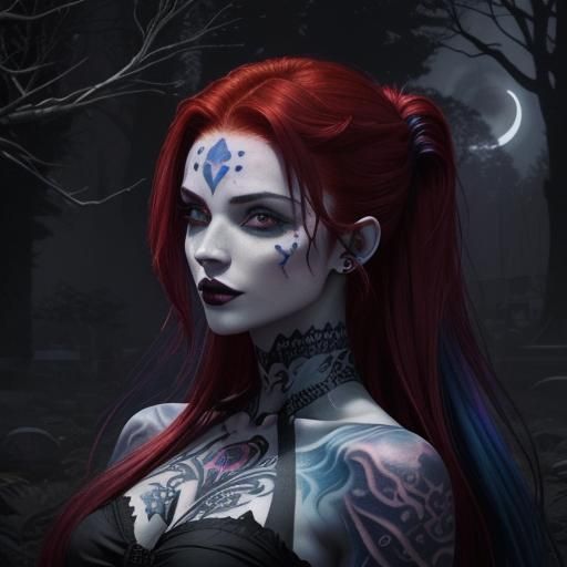 Red Haired Vampire Woman with Moon Tattoo