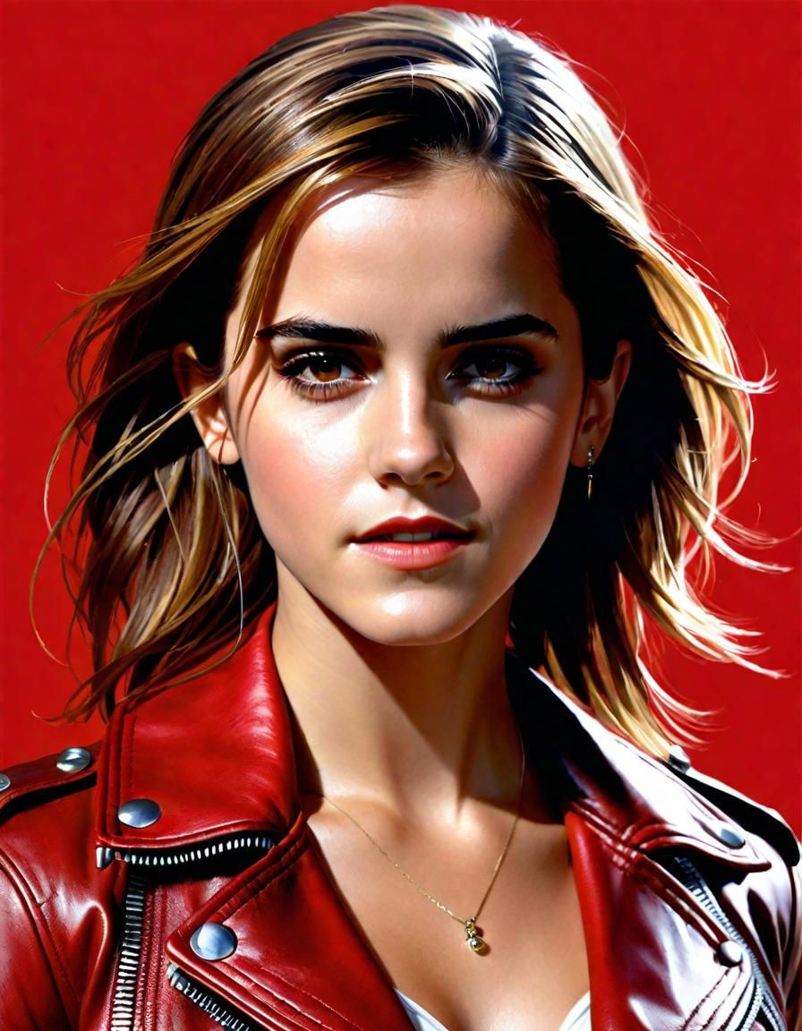 Emma Watson Portrait in Red Leather, Splash Art Style