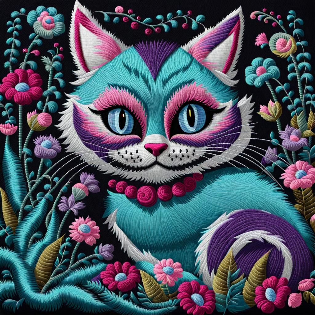 Embroidered Cheshire Cat in Turquoise and Pink