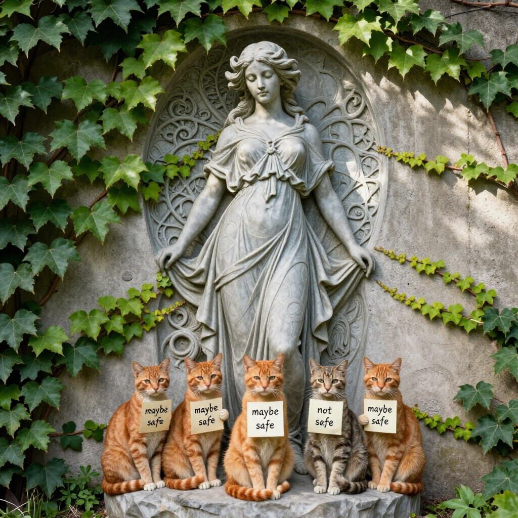 Art Nouveau Statue Emerges From Ivy-Covered Wall With Cats