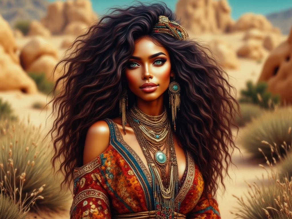 Exotic Desert Portrait of Woman with Emerald Eyes