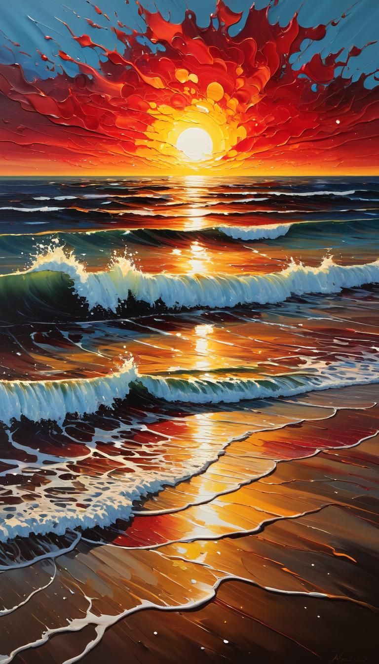 Abstract Beach Sunrise in Palette Knife Style