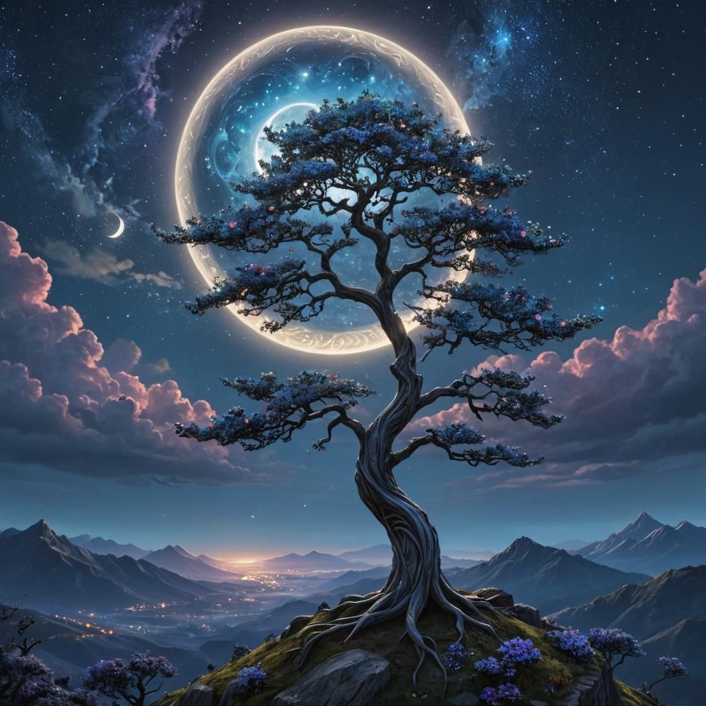 Holographic Night Tree with Crescent Moon