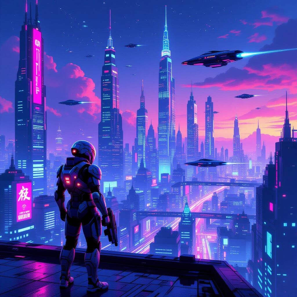 Cybernetic Warrior in Neon Synthwave City