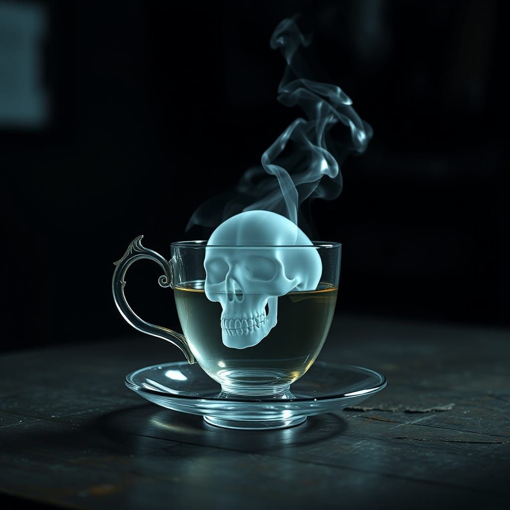 Ethereal Skull in Teacup, Dark Surrealism