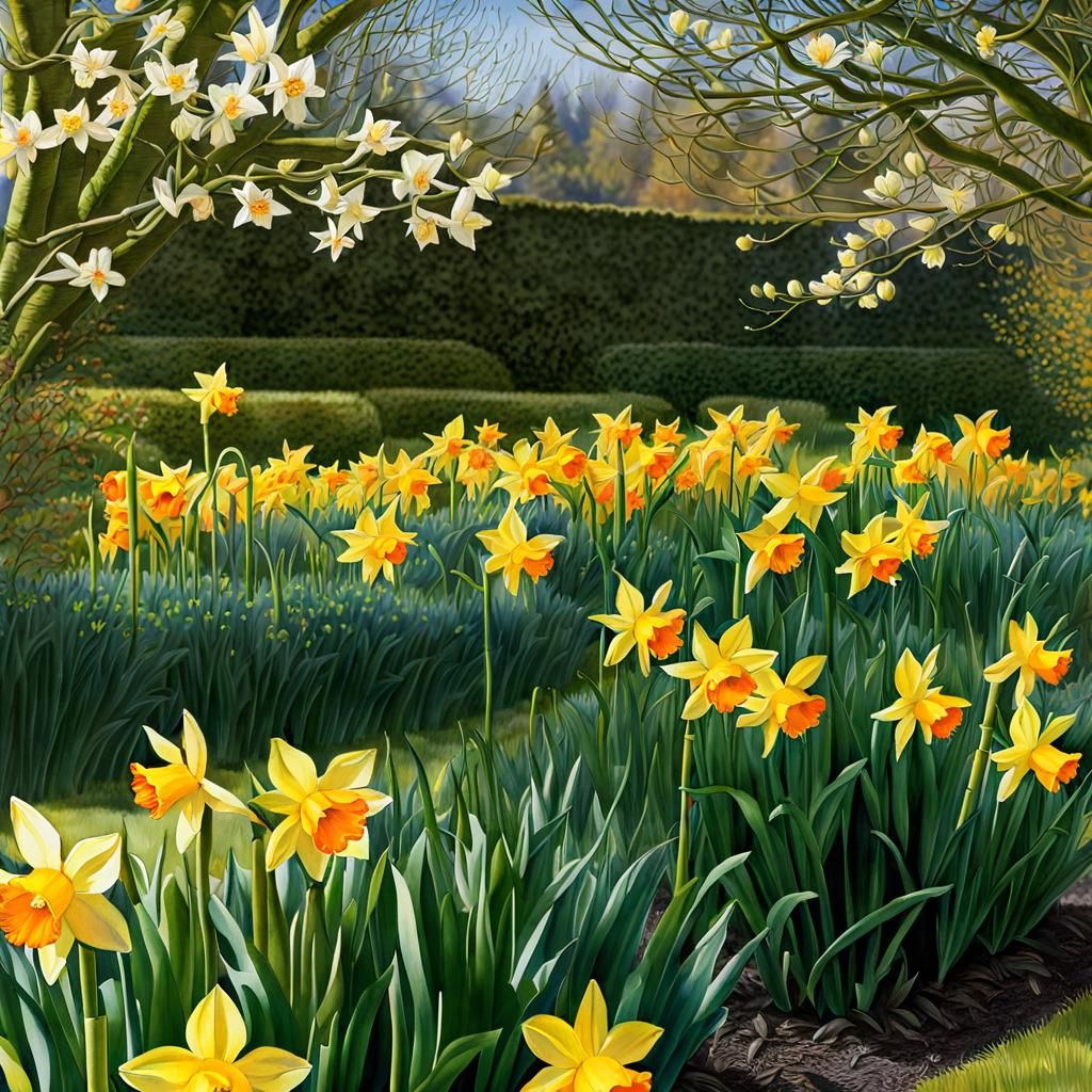 Daffodils and Magnolia in Spring Garden, Watercolor Style