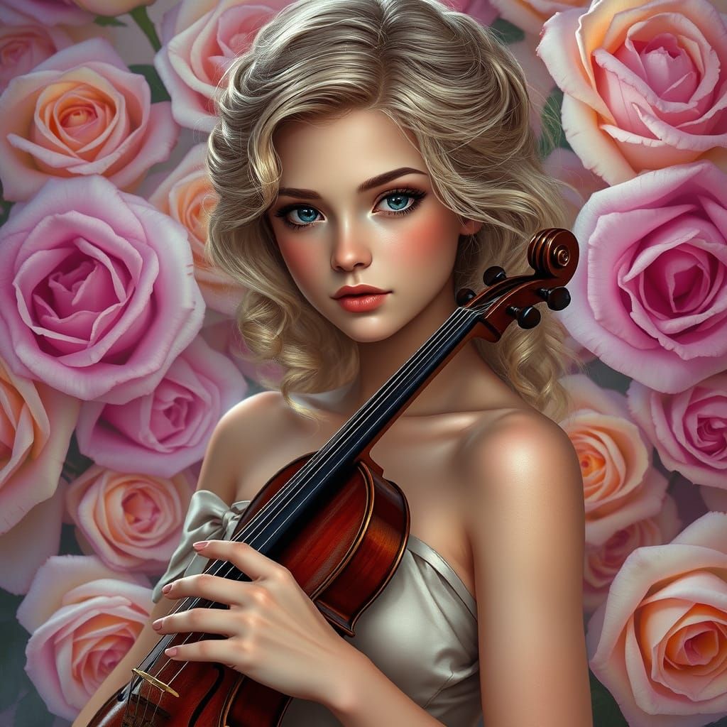 A captivating digitally rendered painting of a young, dreamy woman holding a violin, exuding a romantic and classical ch...