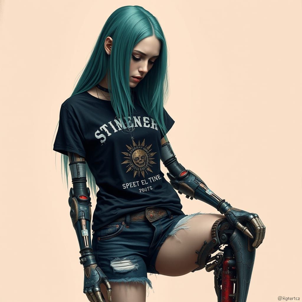 Cyberpunk Cyborg with Teal Hair, Digital Painting