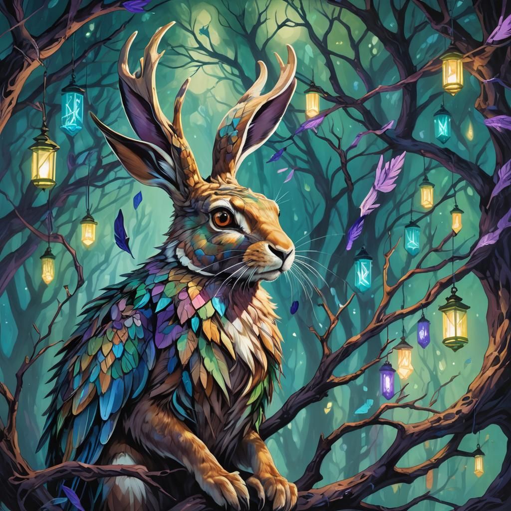 Mystical Harpy Hare in Enchanted Forest Painting