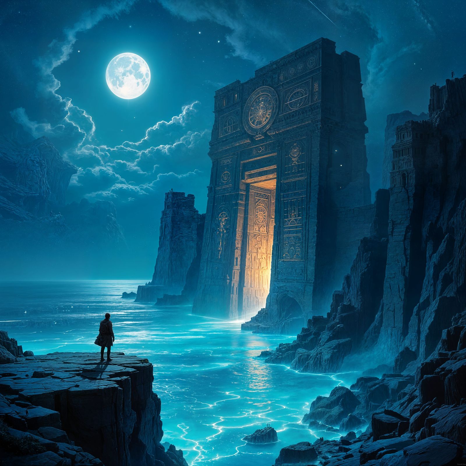 Explorer Views Ancient Ruin in Bioluminescent Ocean Under Tw...