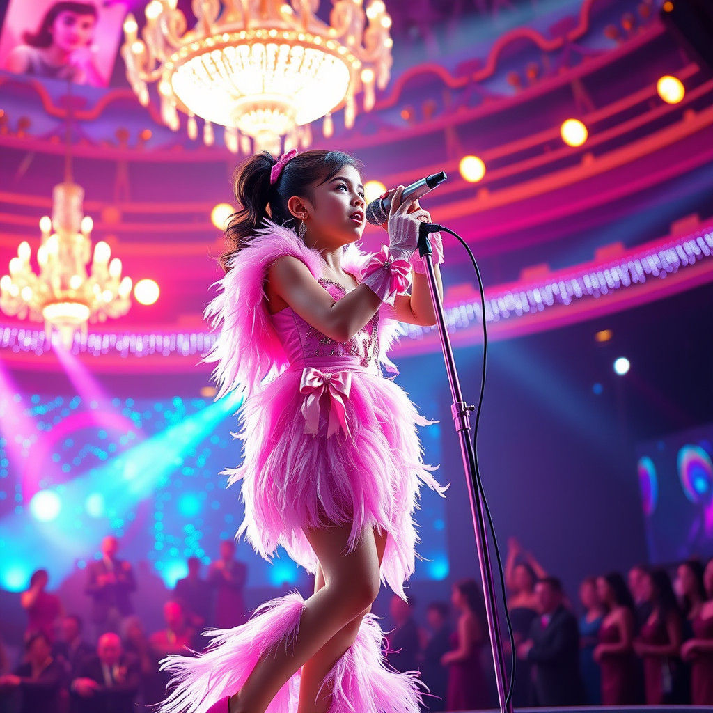 Hispanic Girl in Pink Feather Dress Sings Onstage