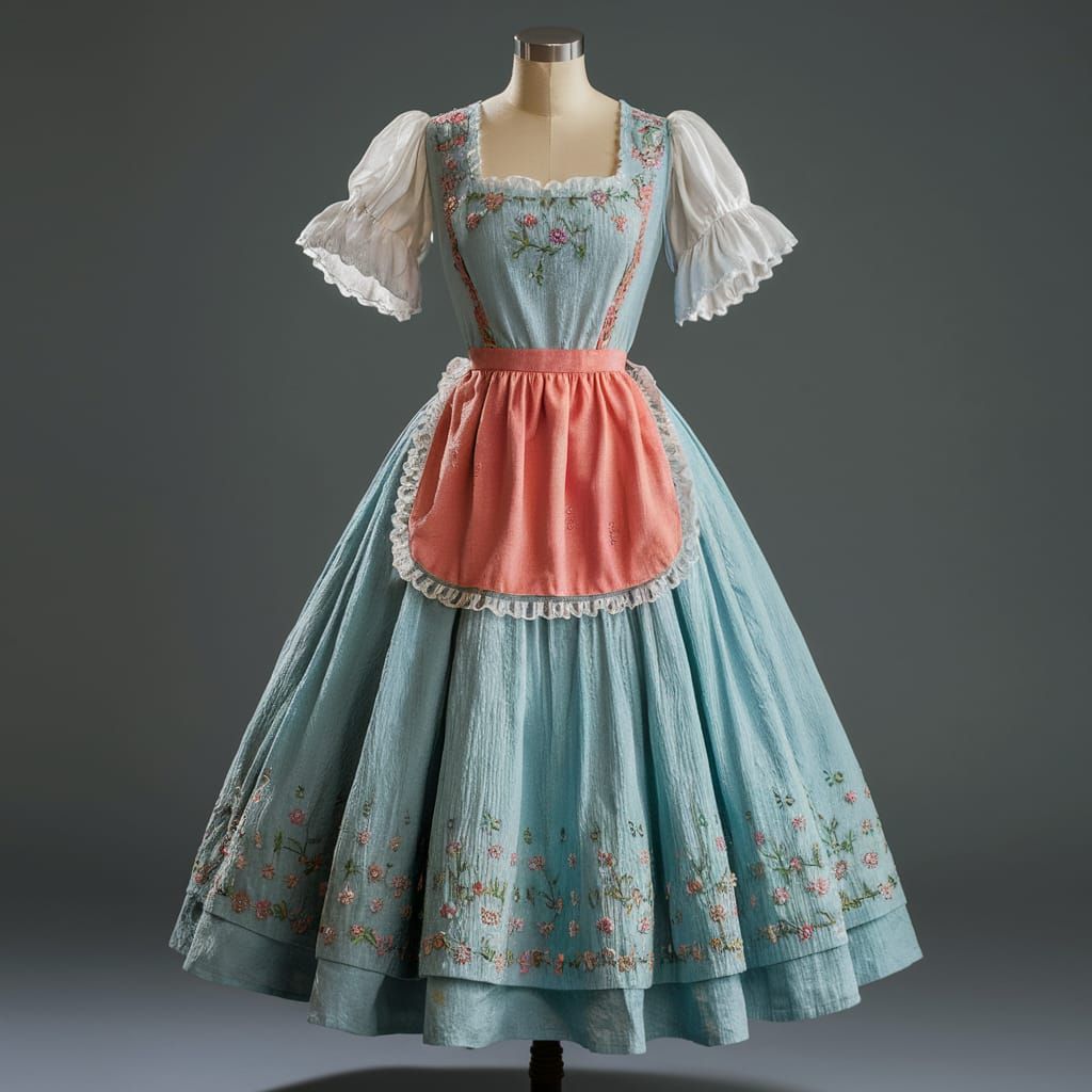 Cottage Core Peasant Dress in Powder Blue and Salmon Red