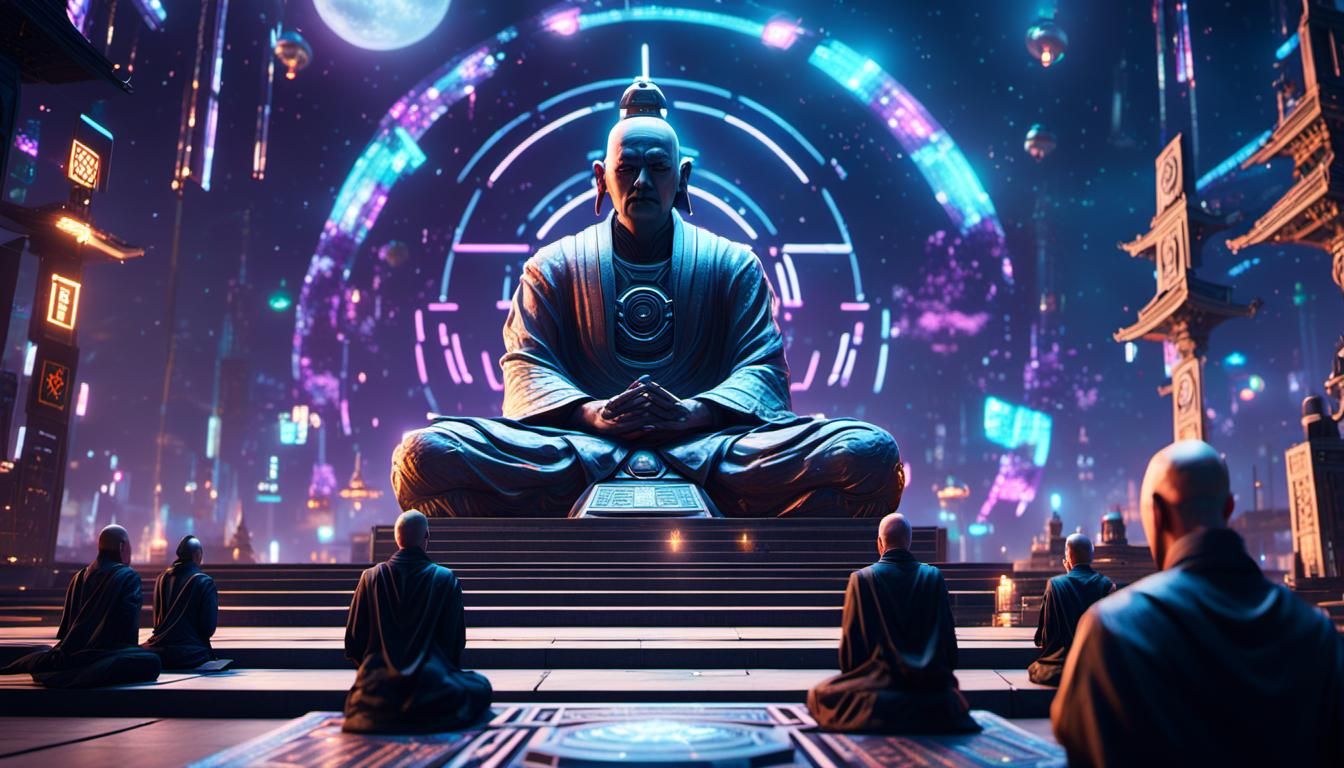 Cyberpunk Cosmic Zen Civilization with Holographic Symbols