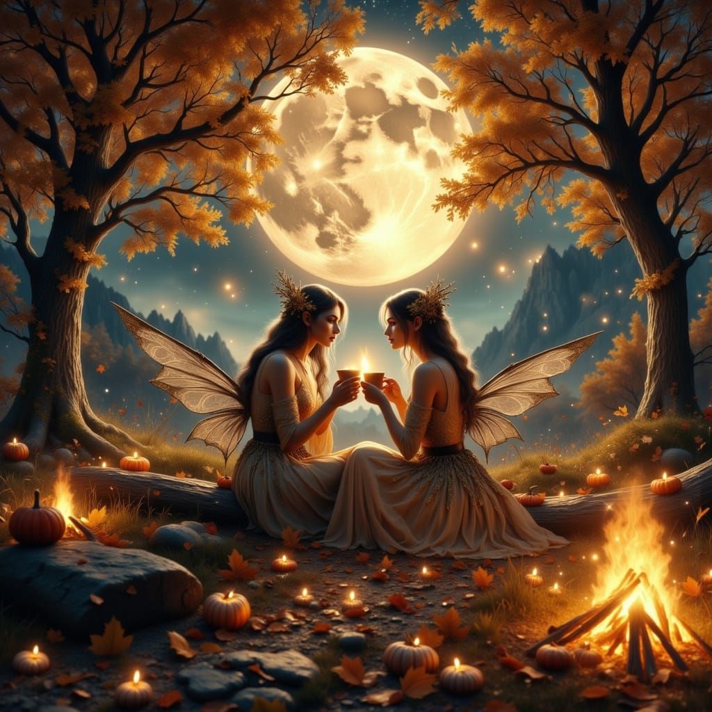 Elven Couple's Bonfire Date Under Harvest Moon