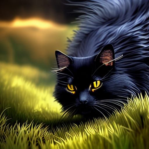Black Norwegian Forest Cat Hunting Mouse: Detailed Matte Pai...