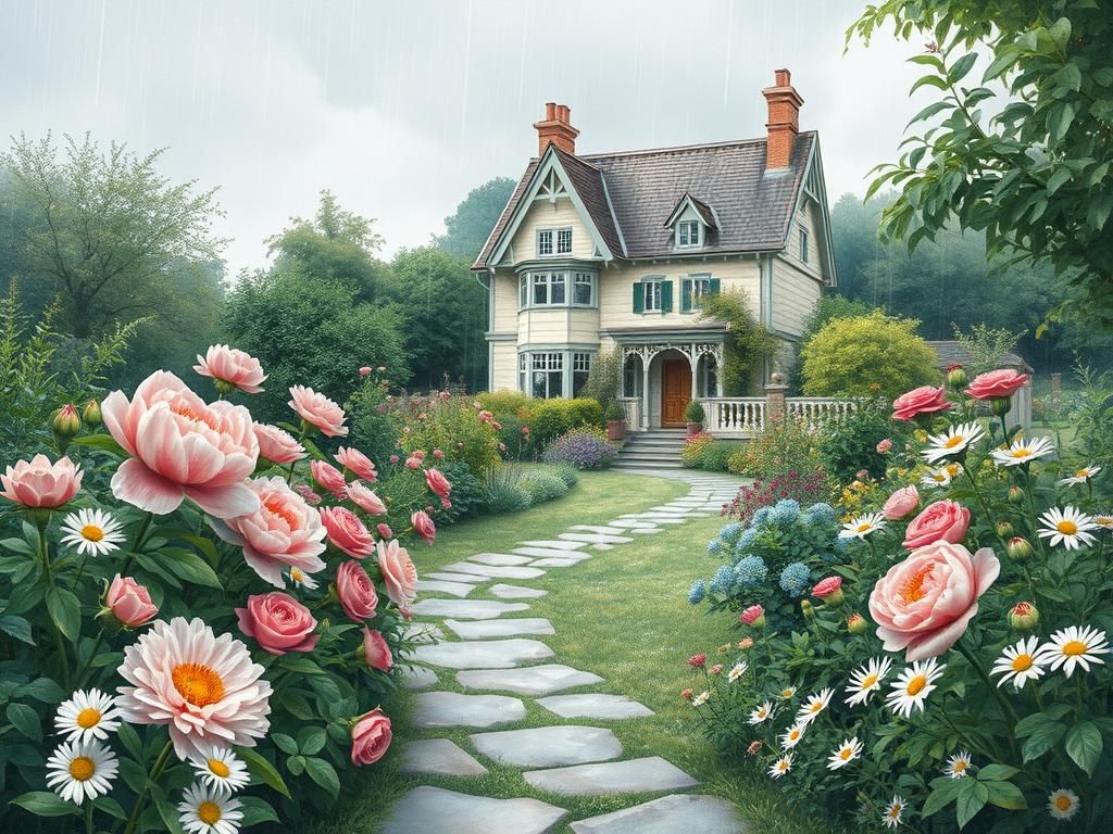 Victorian House in Whimsical Rainy Garden, Watercolor Style