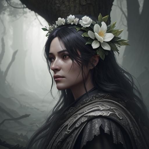 Monochrome Snake with Flower Crown: Fantasy Art
