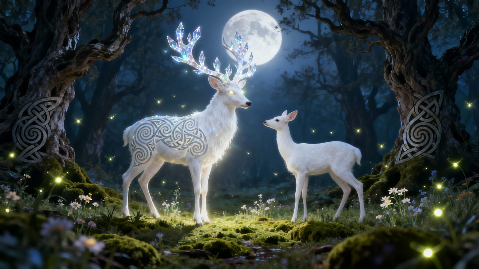 Majestic Crystal Stag Meets Doe in Moonlit Celtic Forest