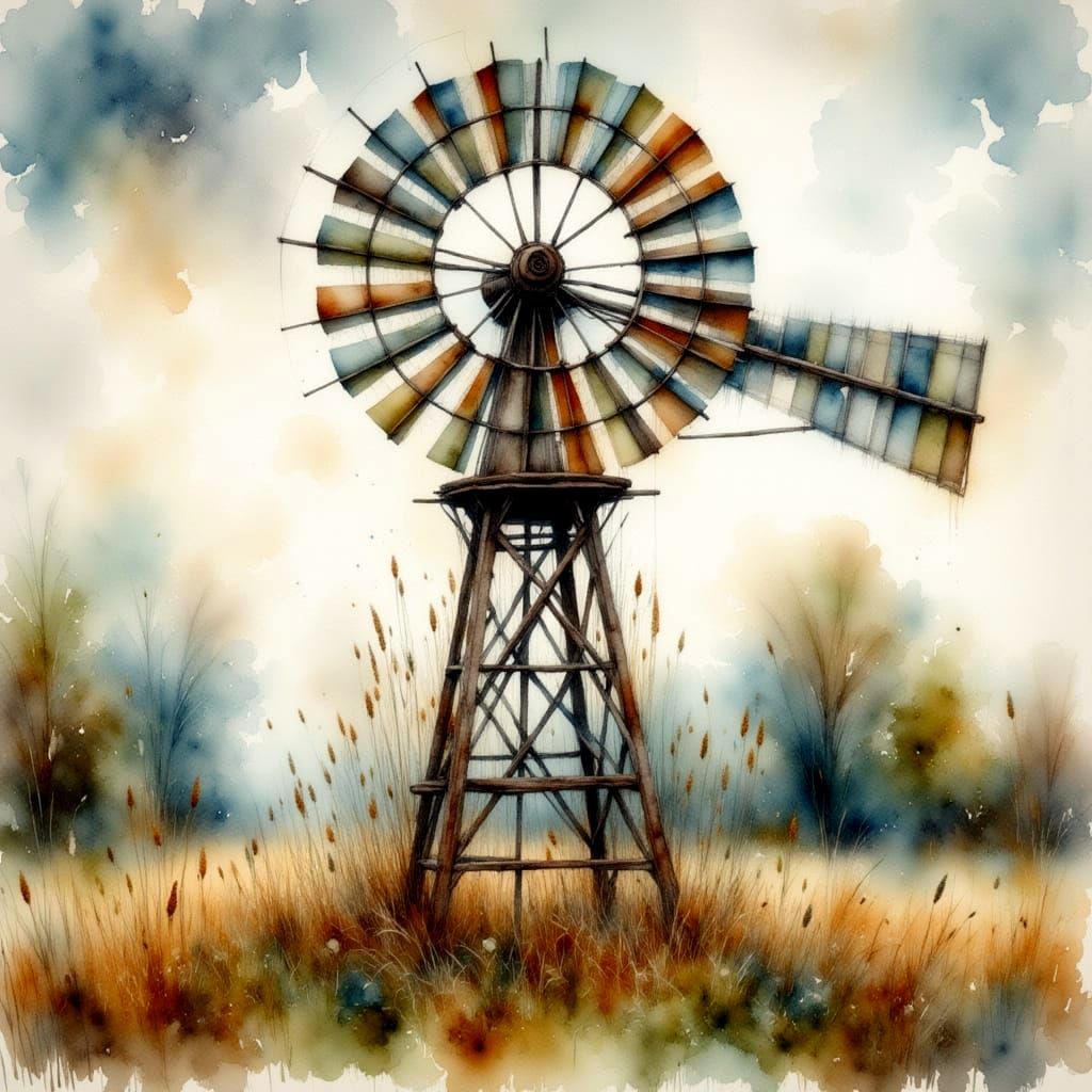 Antique Windmill in Field, Watercolor Painting