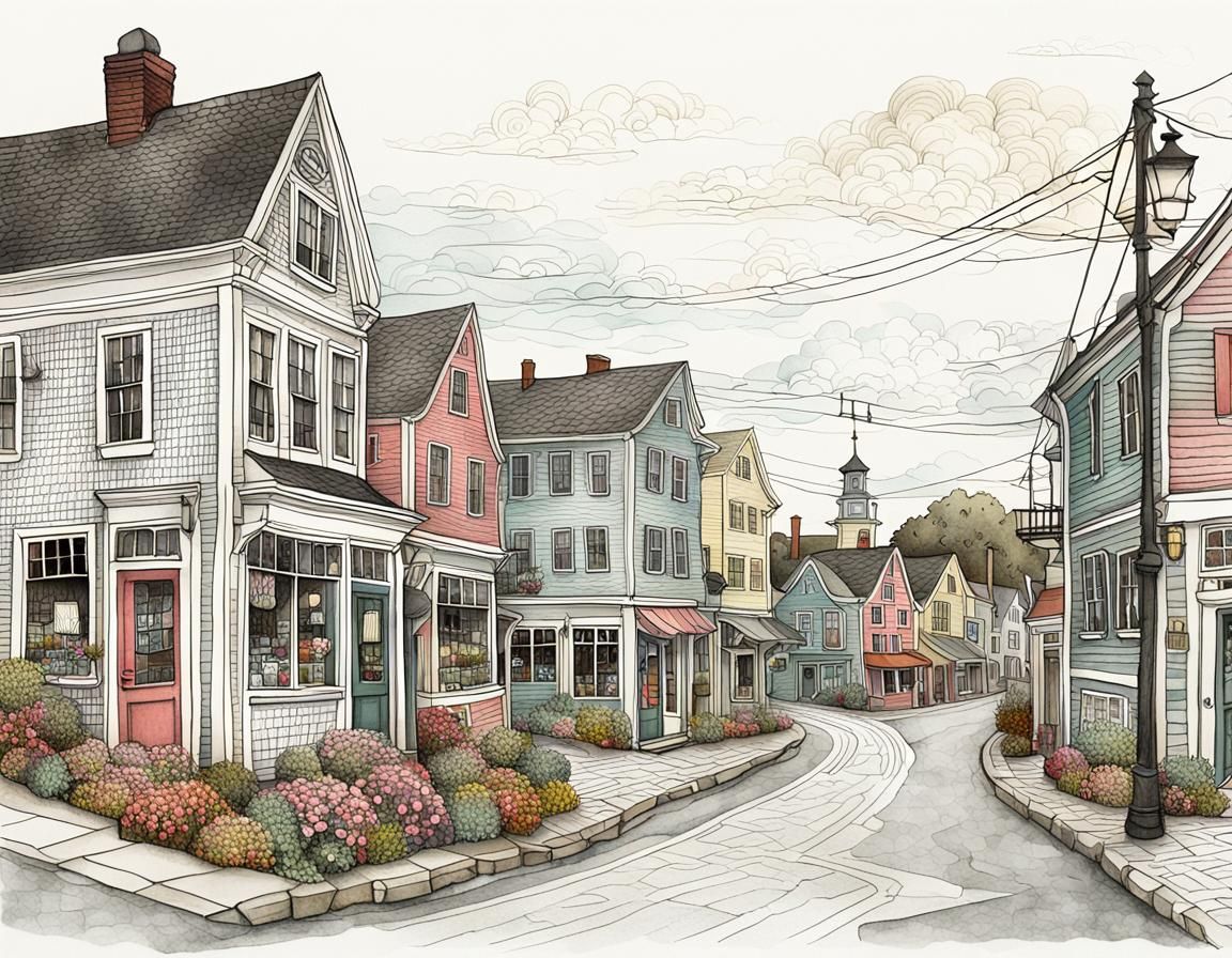 Whimsical Kennebunkport Landscape Illustration in Dreamy Wat...