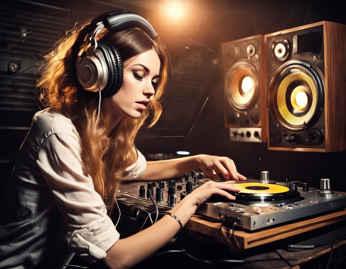 Young Woman DJ Listening to Radio Broadcast