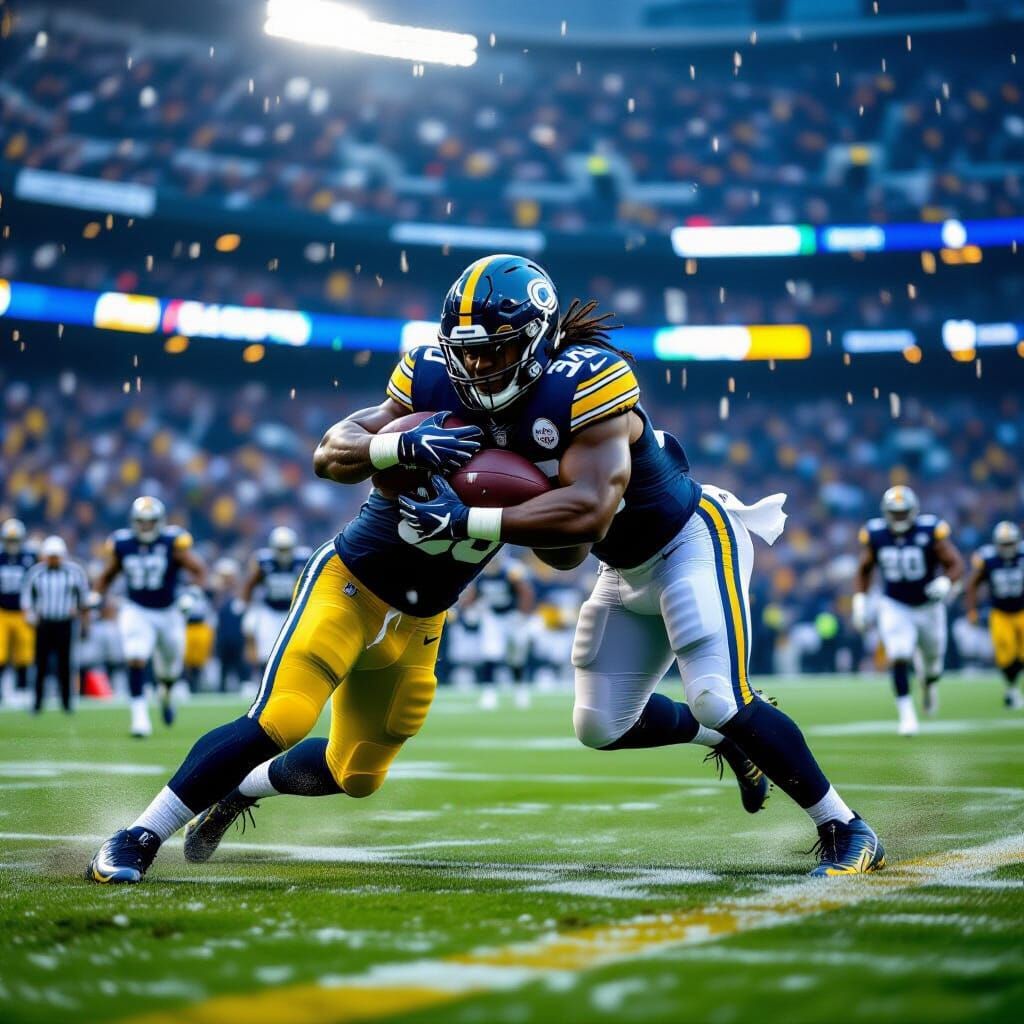 American Football Player Tackled in Rainy Stadium Game