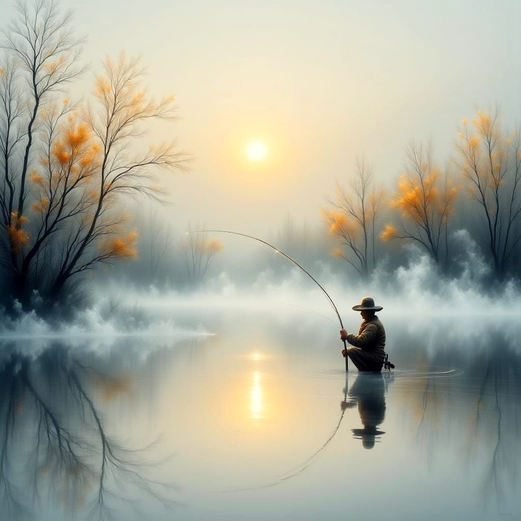 Fisherman at Dawn on Misty Lake in Impressionist Style