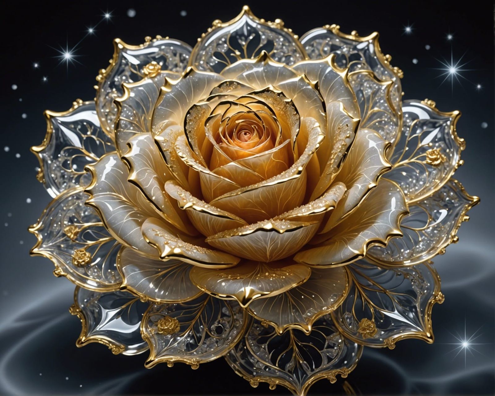 Translucent Ice Rose with Gold Fractal Trim