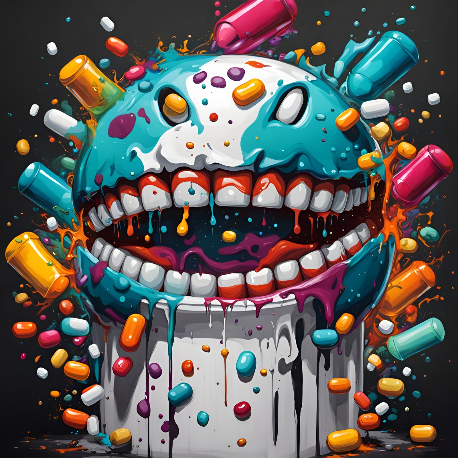 Anthropomorphic Medicine Pills in Graffiti Art Style