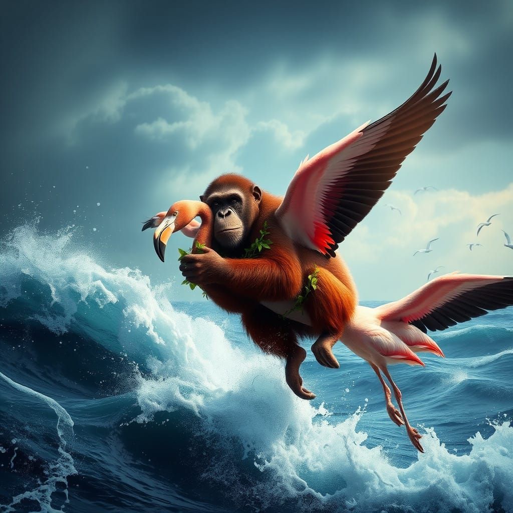 Majestic Chimpanzee and Flamingo Soar Above Turbulent Ocean