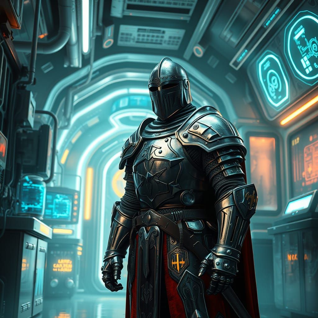 Knight in Futuristic Lab: Detailed Matte Painting