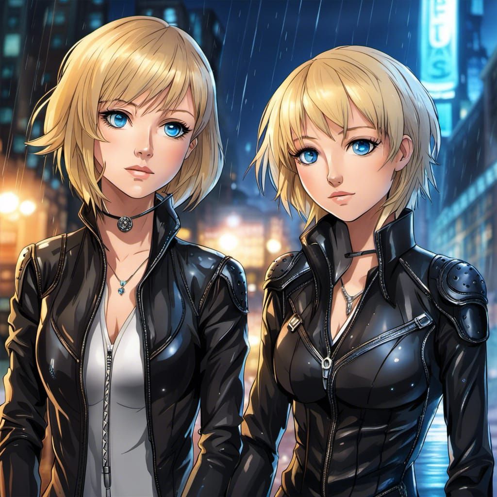Anime Portrait of Two Women in the Rain