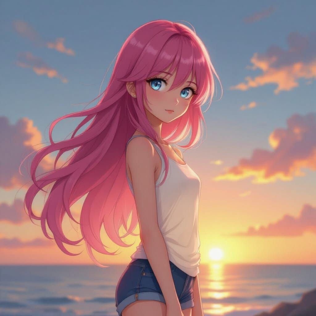 Anime Girl Rebecca at Golden Hour Sunset