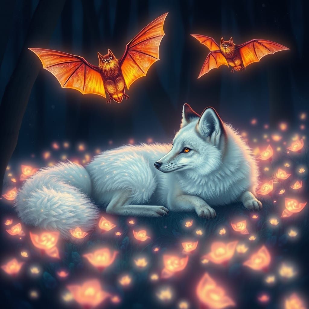 Surreal Fantasy Scene: Majestic Fox in Bioluminescent Forest