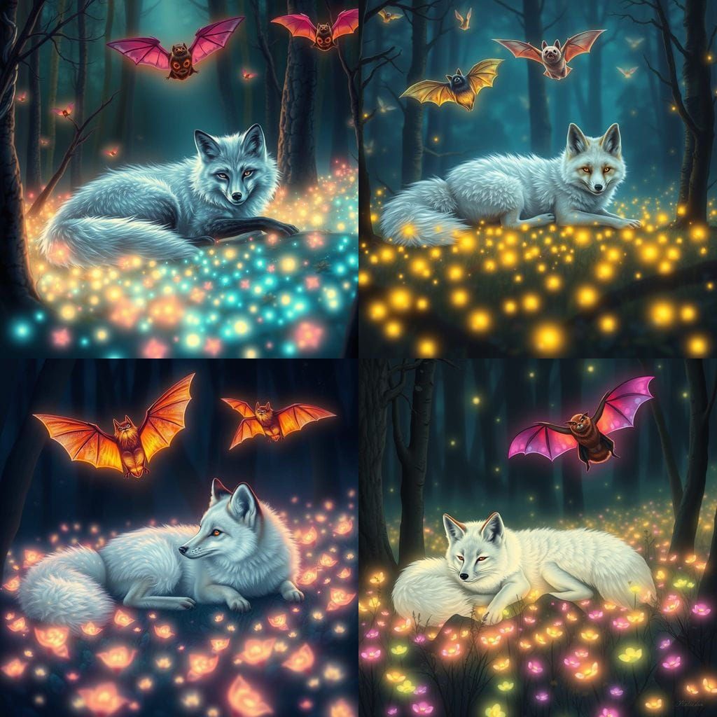 Fantasy Arctic Fox in Vibrant Bioluminescent Forest