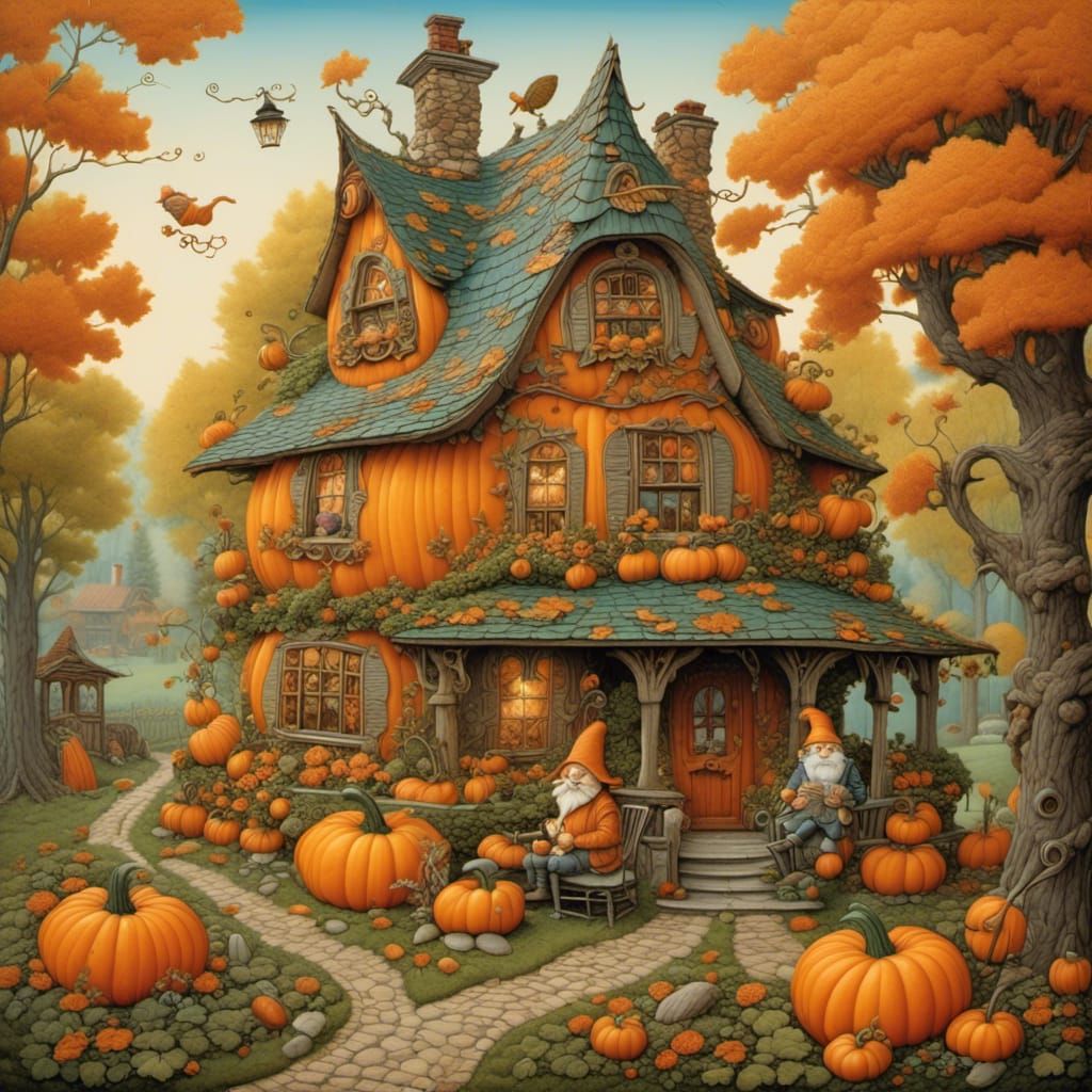 Whimsical Pumpkin House with Gnome in Alcohol Ink