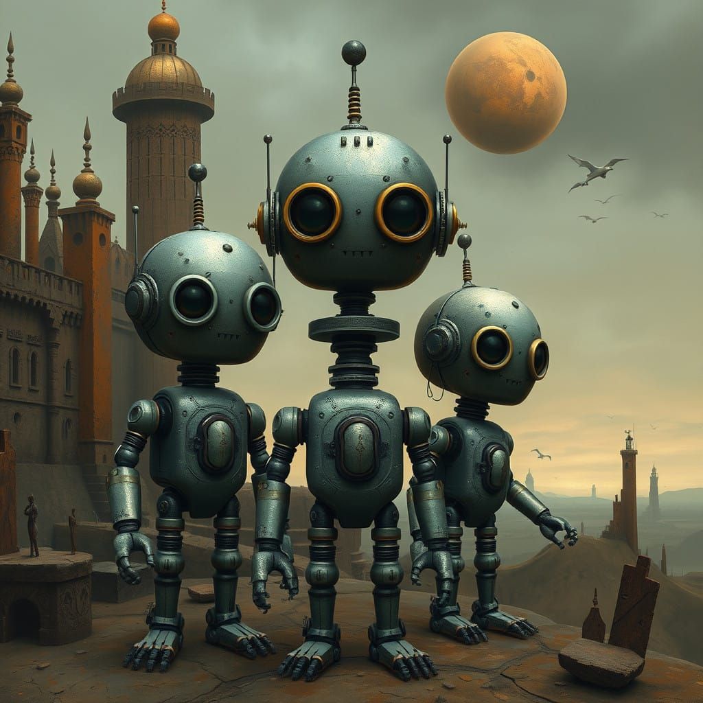 Surreal Robots in Whimsical, Dreamlike Landscapes