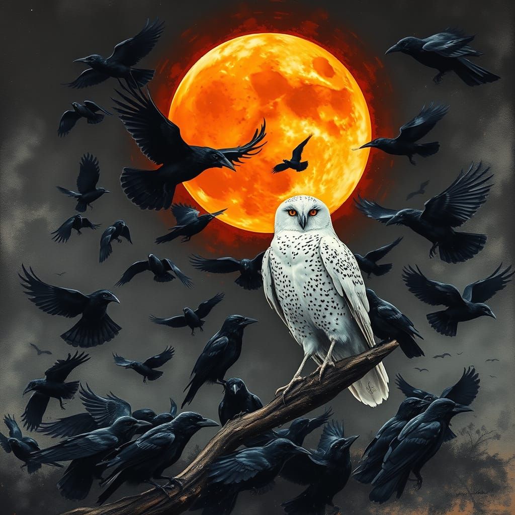 Crows vs Owl During Lunar Eclipse in Vibrant Gouache