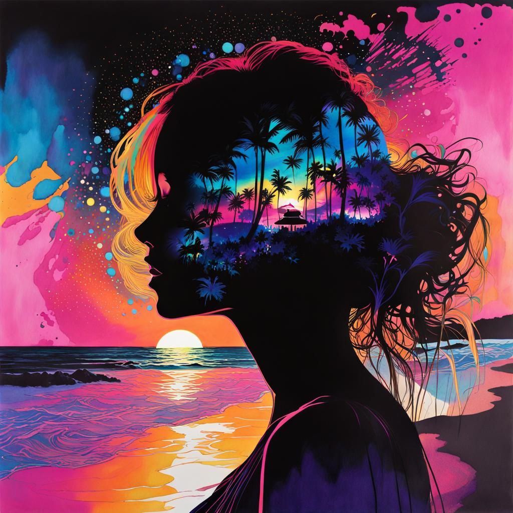 Neon Sunset Silhouette in Black Light Art