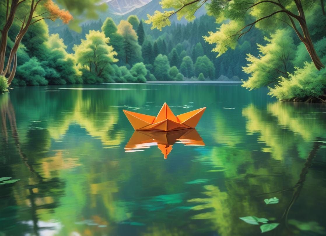 Orange Origami Boat on Lake in Impressionism Style