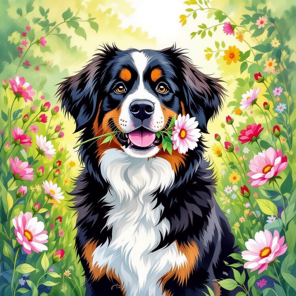 Bernese Mountain Dog in Garden: Watercolor and Ink Painting