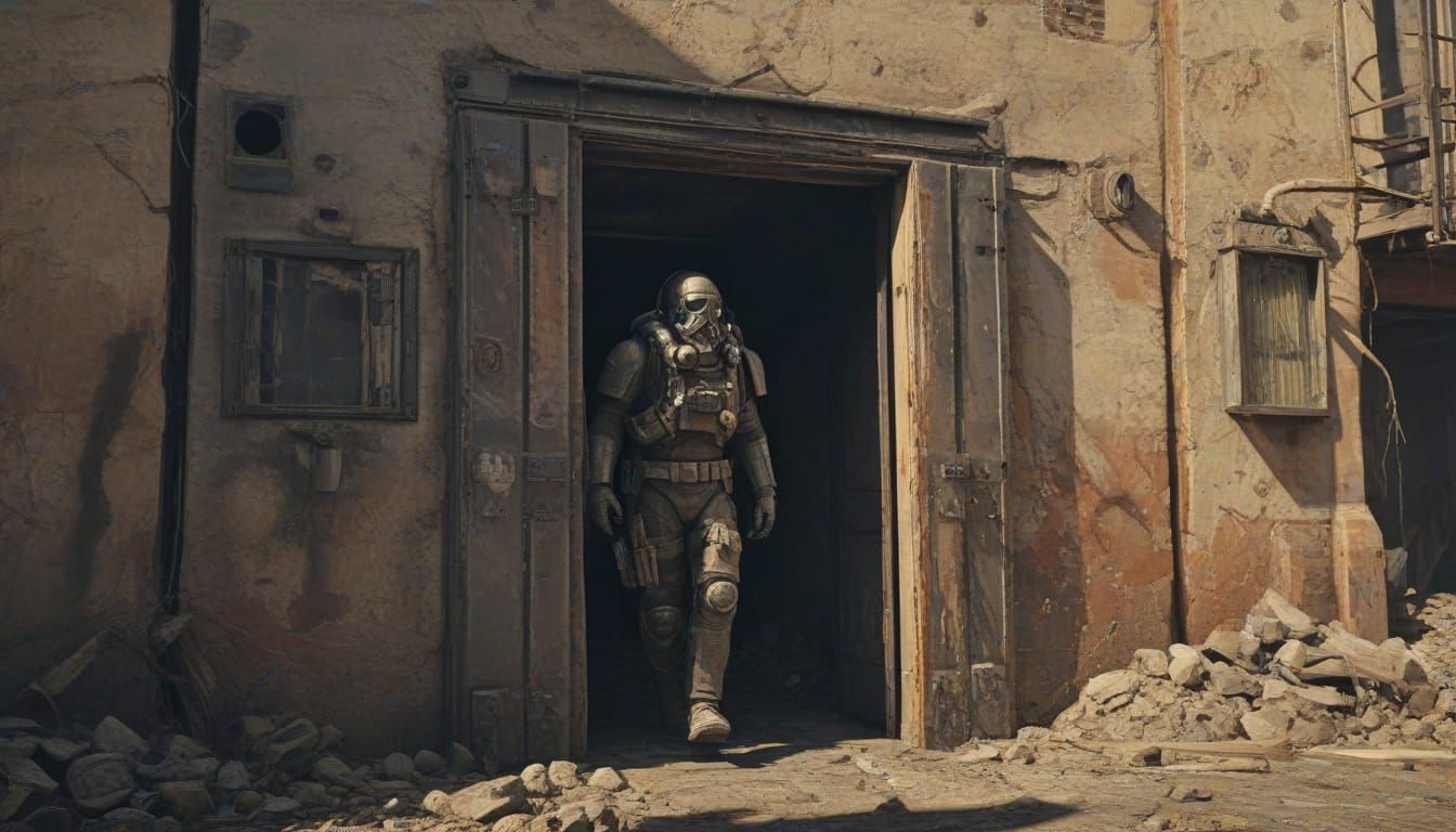 Fallout Survivor Emerges from Vault Door into Dystopian Wast...