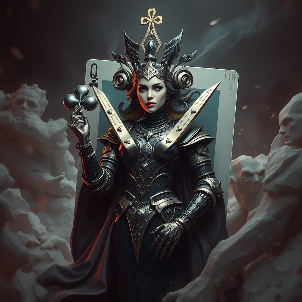 Queen of Clubs Living Painting in Futuristic Style
