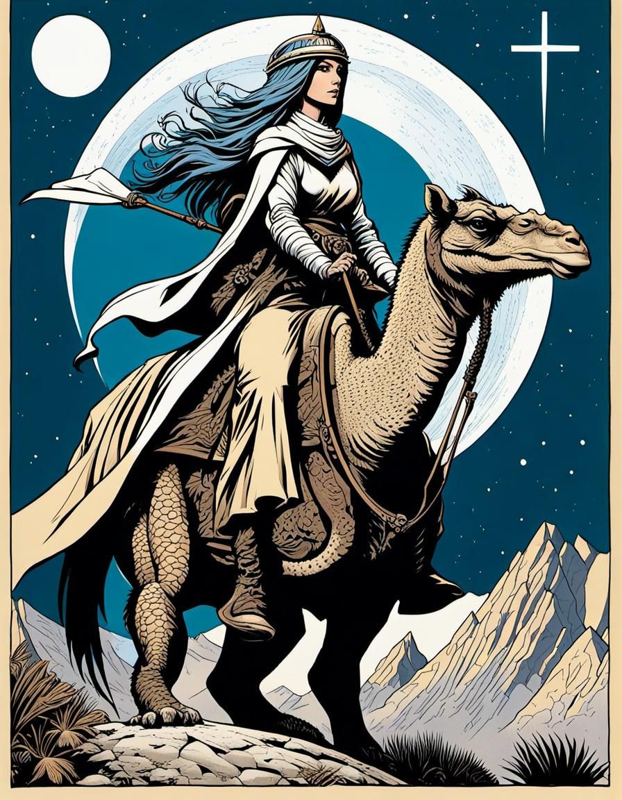 Female Cleric Rides a Prehistoric Lizard-Dromedary in Moebiu...