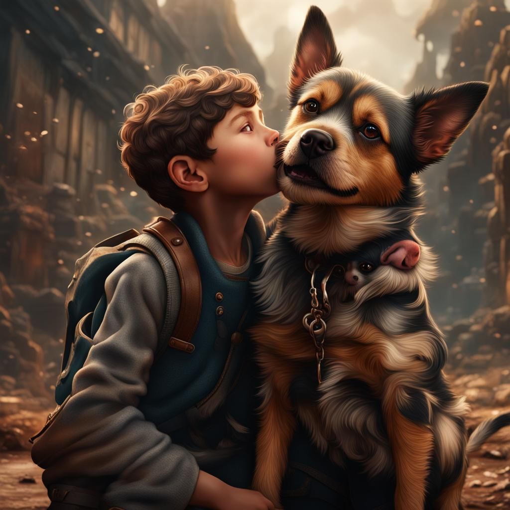 Dog Licking Boy: Detailed Matte Painting