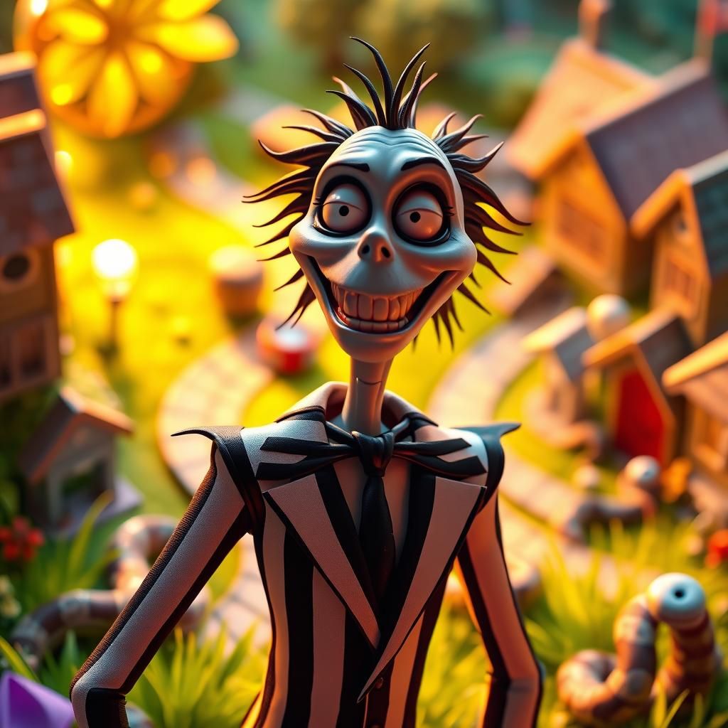 Beetlejuice Mischievous Grin in Hyperrealistic 3D Style